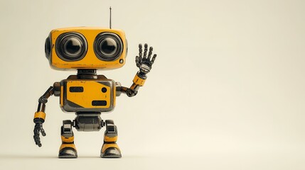 A cheerful yellow robot with large eyes waving, showcasing a friendly design.