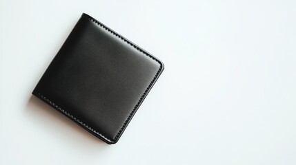 A black leather wallet on a white background.