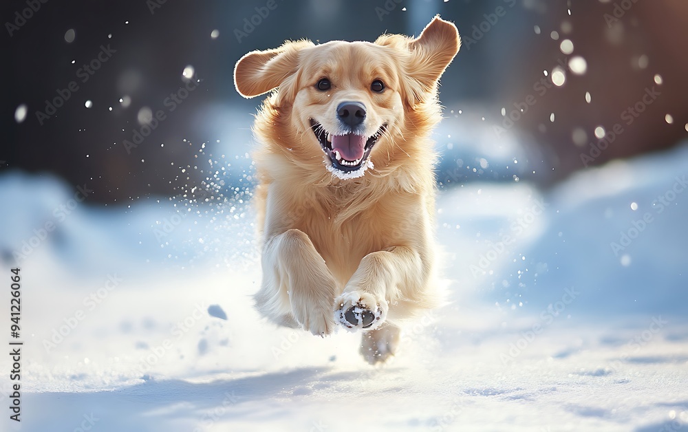 Poster golden retriever dog running in the snow with ears flapping in the wind.