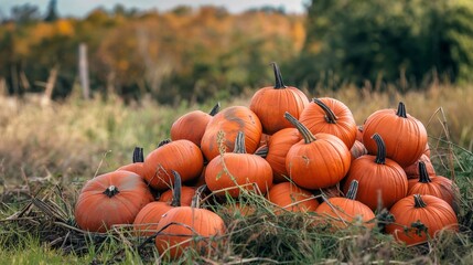 Vibrant pumpkin pile in a farm field captures autumn's beauty, perfect for fall decorations