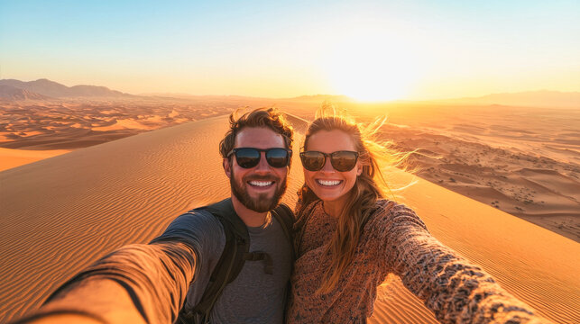 Happy couple taking a selfie on top of a giant desert sand dune at sunset - Travel, holiday and tourism concept - Models by AI generative - Focus on the faces - Powered by Adobe