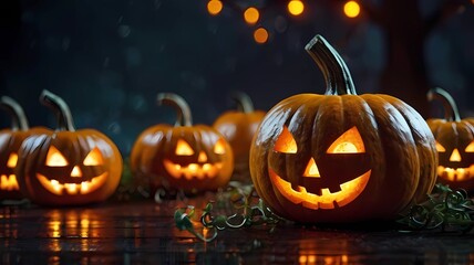 Halloween Event with Glowing Pumpkins & Bokeh Background. Charming, Premium Illustration for Upscale Celebrations. Perfect for Banners and Posters. Spooky Jack-O'-Lanterns for Halloween Festivities