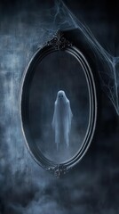 A haunting ghost emerges from an ornate mirror, shrouded in mist and cobwebs, creating an eerie atmosphere of the supernatural.