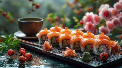 Exquisite Sushi Platter with Rolls, Sashimi, Nigiri, and Green Tea