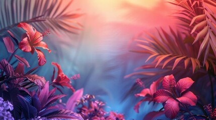 Abstract summer background with vivid tropical flowers and gradient skies, lush and colorful