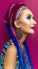 Vibrant and Colorful Portrait of a Woman with Elaborate Hairstyle and Makeup