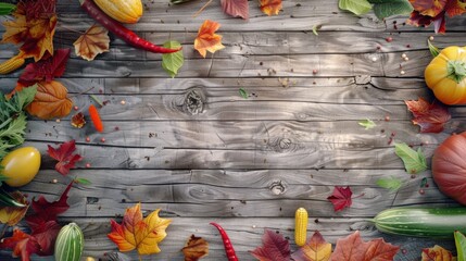 Abstract autumn background with a scattering of colorful leaves and seasonal vegetables on a rough wooden backdrop