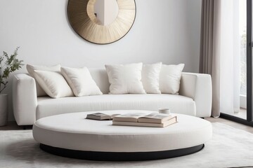 White Sofa and Round Ottoman in a Modern Living Room