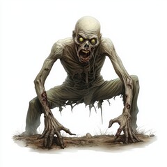 A terrifying zombie rising from the ground, its gaunt figure and glowing eyes evoke horror and suspense in this eerie illustration.