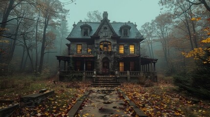 Abandoned old mystical house with broken windows and a creaky porch, creating an ominous atmosphere