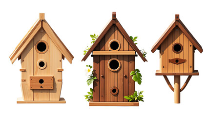 Wooden outdoor bird house nest boxes set isolated on transparent background....