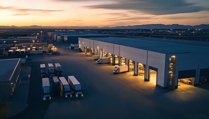 Obraz premium Nighttime Illumination of a Busy Distribution Center with Semi Trucks