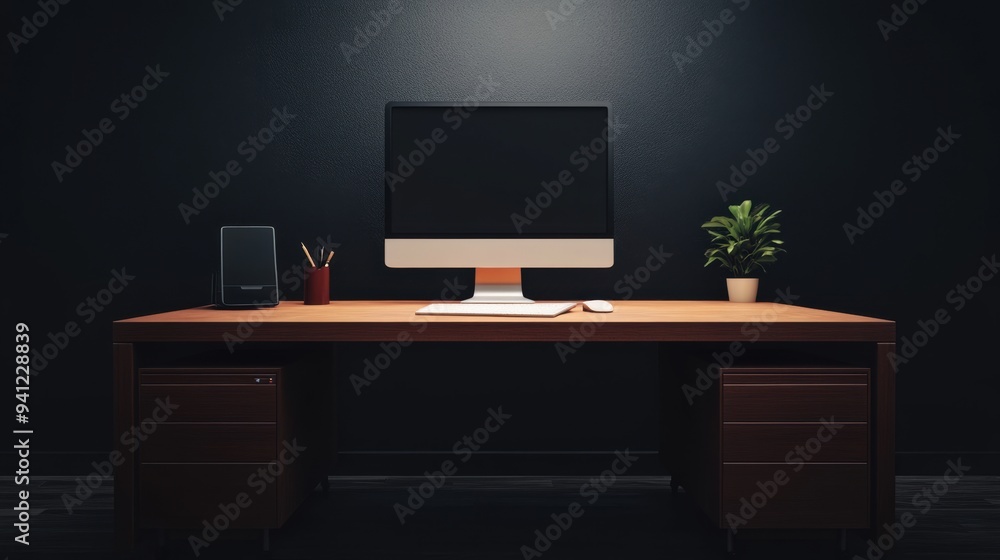 Aufkleber a computer monitor sitting on a desk with an apple keyboard and mouse, ai