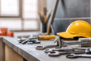 Fototapeta premium Plumber in a bathroom, replacing an old faucet, with a neatly organized set of wrenches and plumbing parts on the counter