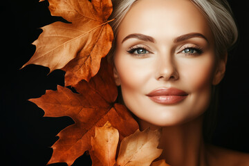 Portrait of beautiful adult woman with autumn leafs. Healthy clean fresh skin natural make up beauty eyes on dark background, advertising banner of organic natural cosmetic products for facial skin