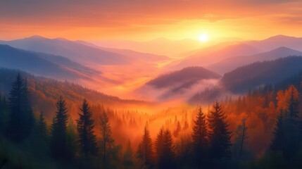 Obraz premium misty mountain valley at golden hour layers of forested ridges fading into the distance warm sunlight piercing through fog creating an ethereal atmosphere
