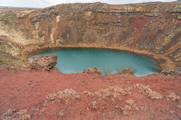 Kerid volcano with blue crater lake at the golden circle in southeast Iceland in Mai