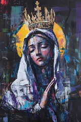 Obraz premium A colorful depiction of a praying figure with a crown, surrounded by a halo of light.