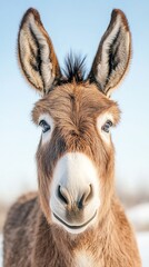 A charming donkey with big ears and a friendly expression, set against a clear blue sky in a snowy landscape.