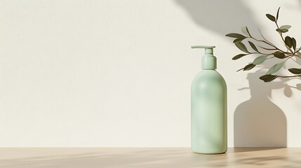 Green pump bottle with plant shadow on wood table.
