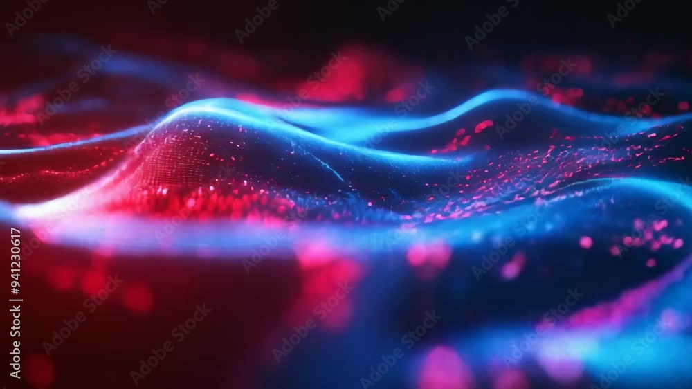 Poster neon-colored waves with glowing particles creating a dynamic, futuristic scene