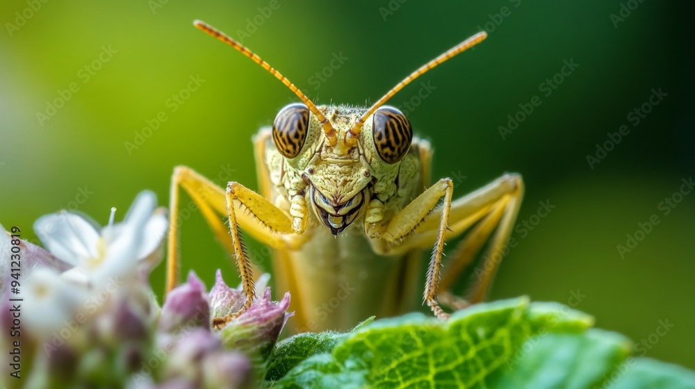 Poster a detailed shot of a small insect on a flower or leaf, showcasing its intricate features and natural