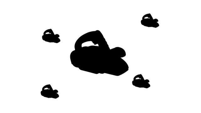 Zoom in and out animation the electric plane symbol. Large black symbol in the center and four small symbols around. Seamless looped 4k animation on white background