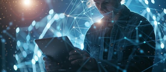 A man uses a tablet device surrounded by a digital network and data points in a futuristic and hightech environment, representing innovation, connectivity, and modern technology concept