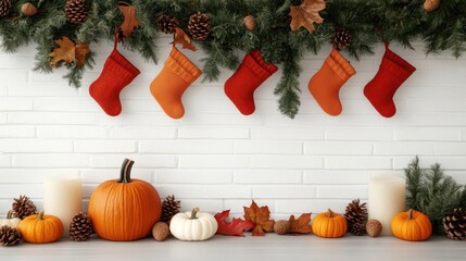 A Thanksgiving-themed mantelpiece with stockings, pumpkins, and a garland made of leaves and acorns