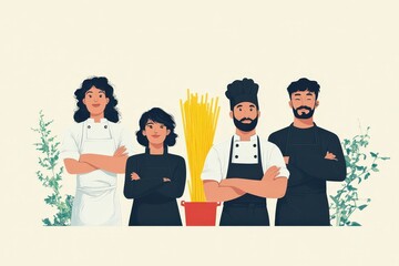 Dynamic Culinary Team Showcasing Skills with Passion for Pasta Preparation and Cooking Techniques Together