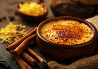 Crema catalana. Traditional Catalan cream dessert with cinnamon and grated lemon zest