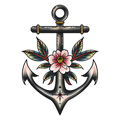 Anchor and flower very simple traditional tattoo flash styles illustration