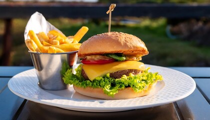 Appetizing Beef Tenderloin Burger Featuring Fresh Lettuce and Melted Cheese on a White Plate, Perfectly Paired with a Metal Bowl of Crispy Fries, Making the Burger the Central Focus of this Tasty Pres