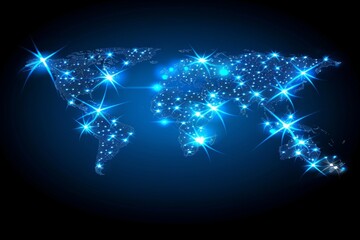 Glowing World Map, Continents Outlines With Shining Stars Effect on Dark Blue, Abstract Background.