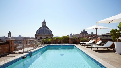 Impressive penthouse terrace with a swimming pool overlooking Rome