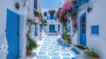 Charming narrow street in a sunlit village adorned with vibrant flowers and blue doors in Greece. Generative AI