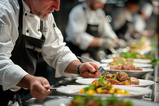 A professional chef plating a dish in a high-end restaurant, focused on presentation and detail 