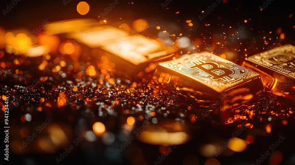 Aufkleber close-up of bitcoin bars glowing with bright reflections, symbolizing wealth and digital currency in