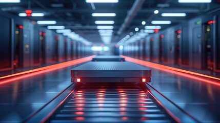 An airport security lane with automated tray return systems and integrated luggage scanners 