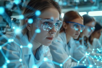 A team of scientists conducting research in a high-tech laboratory, engaged in discussion and analysis