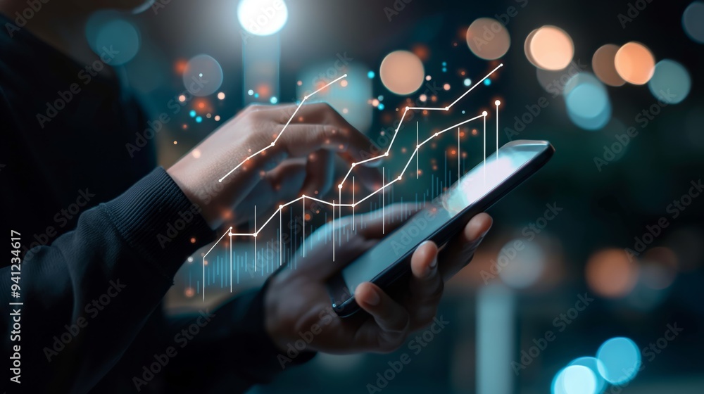 Poster close-up of hand holding a smartphone with data graph overlay, symbolizing data analysis, finance, a