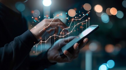 Close-up of hand holding a smartphone with data graph overlay, symbolizing data analysis, finance, and technology at night. Blurred city lights background. Modern business, analytics, digital.