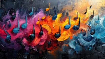 musical abstraction vibrant swirling composition of colorful musical notes and symbols dynamic movement and bold hues create a visually striking celebration of music