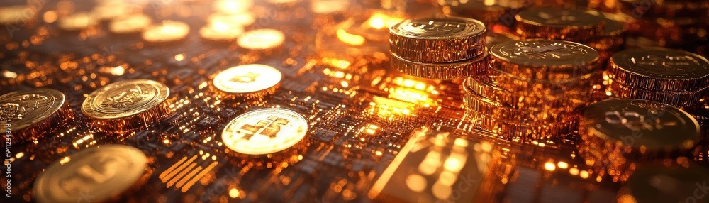 Aufkleber Stunning view of digital coins reflecting light, showcasing cryptocurrency and blockchain technology in a vibrant setting.