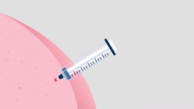 Vaccine shot animation - Syringe needle injection inserted on butt cheek skin. Vaccination, medicine and immunisation concept video clip in animated cartoon flat design vector style