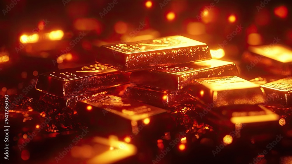 Poster glittering gold bars stacked together, illuminated by warm light, creating an atmosphere of luxury a