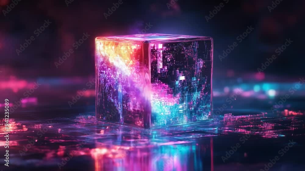 Poster glowing digital cube with vibrant colors and intricate details in a futuristic cyber environment