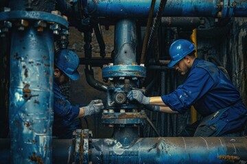 Two men operating on a pipe installation