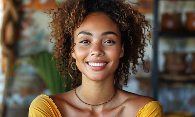 In a charming cafe, a person embraces a moment of inner peace with closed eyes and a gentle smile, radiating joy amidst rustic decor and warm sunlight