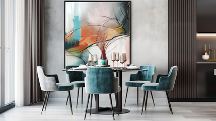 Fototapeta premium Contemporary dining room with a glass table, velvet chairs, and an abstract painting on the wall.